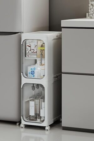 2-Tier Tall Narrow Storage Cabinet, Slim Bathroom Storage Cabinet with Adjustable Shelves and Wheels, Narrow Organizer for Small Space, Bathroom, Kitchen, Laundry