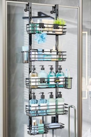 Consumest Over The Door Shower Caddy - 5 Tier Adjustable Shower Organizer Hanging with 2 Toothbrush Holders & 4 Hooks, Rustproof Oragnizer Shelf, Storage Rack for Bathroom, Black