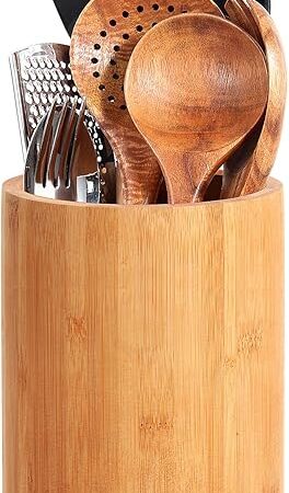 Bamboo Utensil Holder, Large Utensil Holders for Kitchen Counter, Bamboo Spoon and Chopstick Holder for Kitchen Decor, Flatware and Spatula Storage Organizer, for Countertop, Pantry and Bathroom