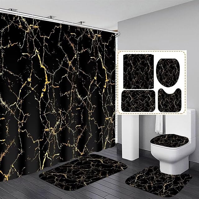 AZHM 4Pcs Shower Curtain Sets Black and Gold Marble Bathroom Sets with Shower Curtain and Rugs and Accessories Luxury Bathroom Curtain Decor Sets with 12 Hooks