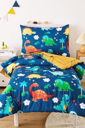 Wake In Cloud - Dinosaur Toddler Bedding Set for Boys, Cute Colorful Dinosaurs, 4 Pieces Soft Crib Bed Set Including Comforter, Sheets and Pillowcase, Navy Blue