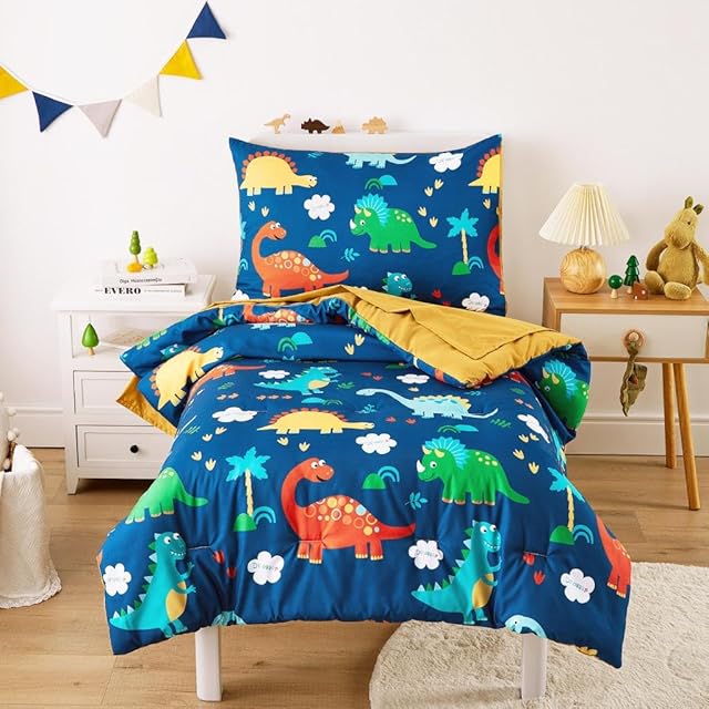 Wake In Cloud - Dinosaur Toddler Bedding Set for Boys, Cute Colorful Dinosaurs, 4 Pieces Soft Crib Bed Set Including Comforter, Sheets and Pillowcase, Navy Blue