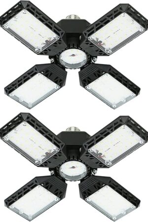 2-Pack LED Garage Light, 150W Deformable LED Ceiling Lights, 15000LM Garage Lighting with 4 Adjustable Panels, E26/E27 Shop Lights for Basement, Workshop, Attic