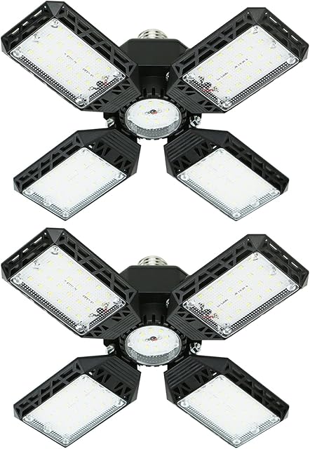 2-Pack LED Garage Light, 150W Deformable LED Ceiling Lights, 15000LM Garage Lighting with 4 Adjustable Panels, E26/E27 Shop Lights for Basement, Workshop, Attic