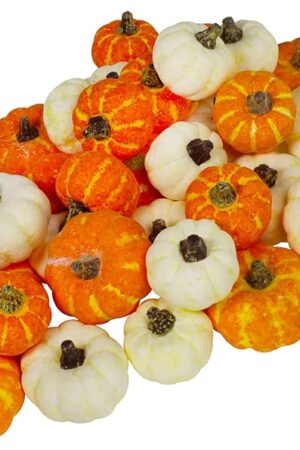 Winlyn 32 Pcs Assorted Artificial Orange and Cream Baby Boo Mini Pumpkins Rustic Harvest Pumpkins Fall Thanksgiving Halloween Wreath Tabletop Decor Bowl Fillers