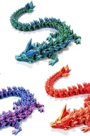 3D Printed Crystal Dragon 12In 3Pcs-Perfect Basket Essentials Stuffers, 3D Printed Flexible Articulated Dragon,Fidget Toys for Autism/ADHD(Purple+Green+Red)