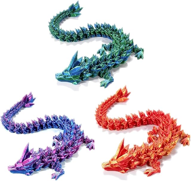 3D Printed Crystal Dragon 12In 3Pcs-Perfect Basket Essentials Stuffers, 3D Printed Flexible Articulated Dragon,Fidget Toys for Autism/ADHD(Purple+Green+Red)