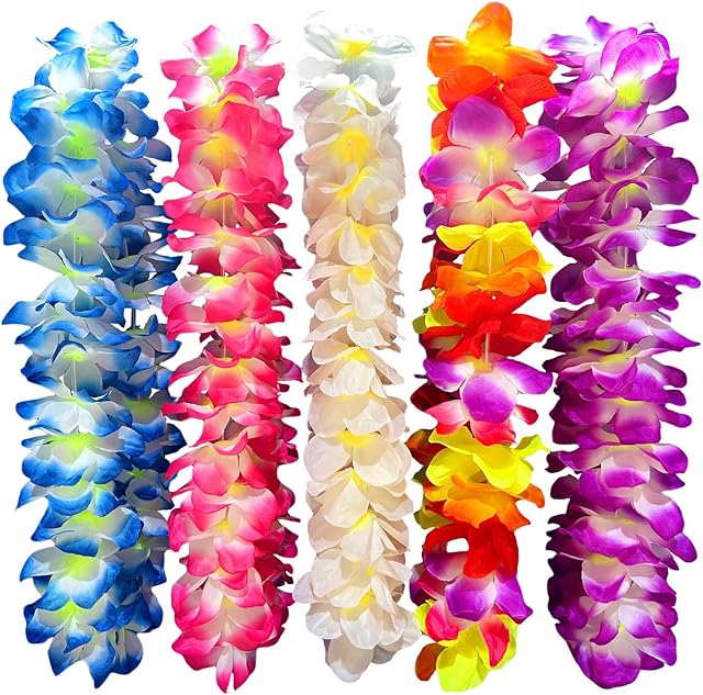 5PCS Vibrant Hawaiian Flower Leis for Luau Parties - Tropical Party Decorations & Favors, Soft Silk-Like Garland Necklaces for Birthdays, Weddings & Summer Events
