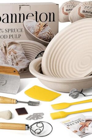 Wood Pulp Banneton Bread Proofing Basket Set, 9" 2.2LB Round Sourdough Banneton Basket Kit, Sourdough Bread Making Tool Baking Supplies with Proofing Bowl, Cover, Dough Whisk, Lame, Scraper