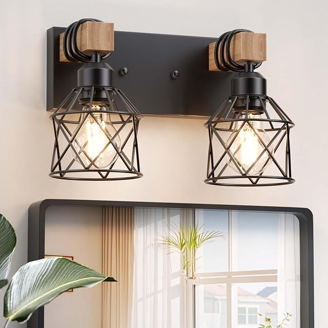Farmhouse Vanity Light for Bathroom, 2-Light Wood Bathroom Vanity Light Fixtures Over Mirror, Black Rustic Wall Sconce with Cage Metal Lampshade, Vintage Wall Lights for Bedroom, Living Room, Hallway