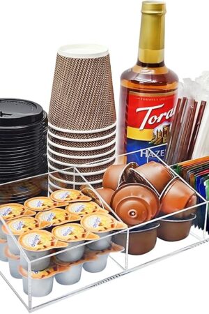 Acrylic Coffee Bar Station Organizer for Countertop, Office, Home Coffee K Cup Holder Holds Paper Cups, Condiments, Syrups, Creamer, Multi-Purpose Accessories Organizer