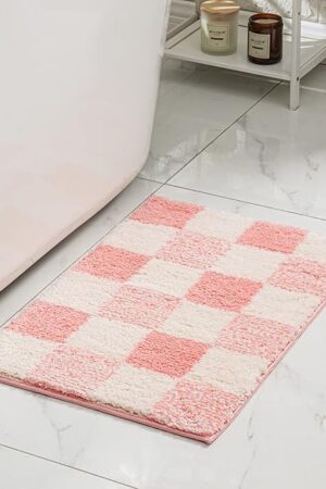 CozeCube Checkered Bath mats for Bathroom Non Slip, Fluffy Absorbent Microfiber Bath mat Washable, Aesthetic Bathroom Rugs, Cute Bath mat for Shower Sink, Blossom Pink, 24" x 16"