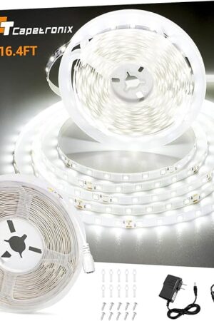 CT CAPETRONIX White LED Strip Light, 16.4 Feet 24 Volt LED Light Strip White, 6000K-6500K Daylight Super Bright LED Tape Light for Bedroom, Kitchen, Closet, Cabinet, Mirror, Indoor（Dimmer Included）