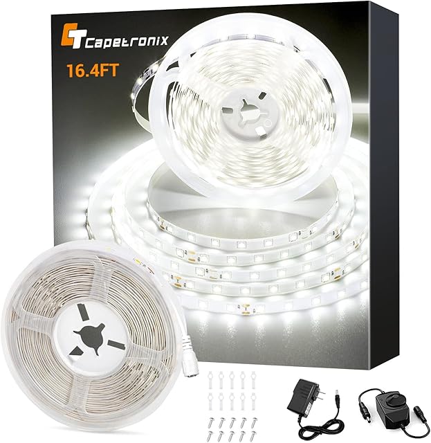 CT CAPETRONIX White LED Strip Light, 16.4 Feet 24 Volt LED Light Strip White, 6000K-6500K Daylight Super Bright LED Tape Light for Bedroom, Kitchen, Closet, Cabinet, Mirror, Indoor(Dimmer Included)