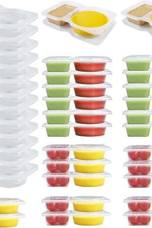 24 Pcs Reusable Snack Containers, 2 Compartment Condiment Containers with Lids for Refrigeration, Portion Control, Outdoor Takeaway Sauce Dip Case.