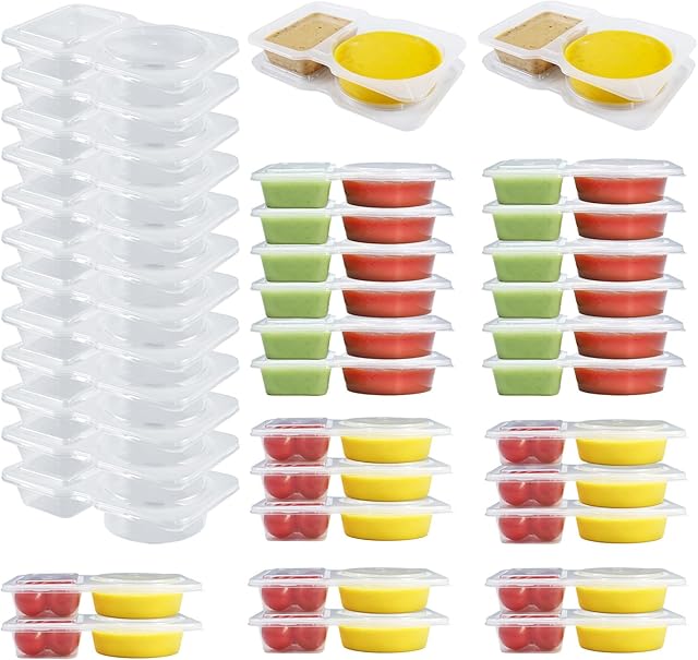 24 Pcs Reusable Snack Containers, 2 Compartment Condiment Containers with Lids for Refrigeration, Portion Control, Outdoor Takeaway Sauce Dip Case.