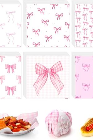 600 Pcs Pink Bow Wax Paper Sheets 12 x 12 Inch Parchment Deli Tissue Paper Sandwich Wrapping Sheets Food Basket Liners for Kitchen Restaurant Baking Supplies, 6 Styles