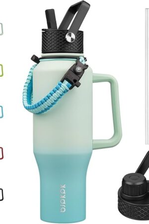 BJPKPK Insulated Water Bottles with Straw Lid, 35oz Metal Water Bottle with 2 lids & Paracord Strap, Double Wall Stainless Steel Tumbler with Handle, Reusable Cups, Mugs, Thermos, Mint