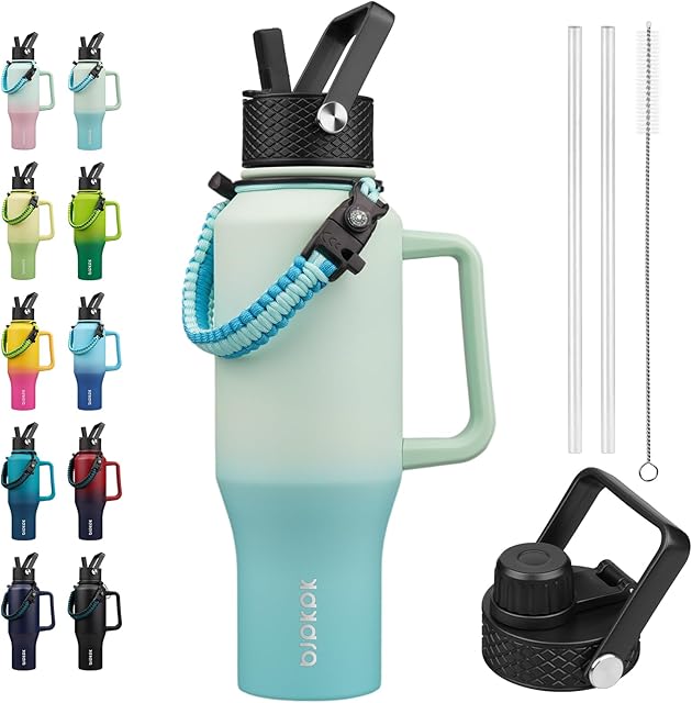 BJPKPK Insulated Water Bottles with Straw Lid, 35oz Metal Water Bottle with 2 lids & Paracord Strap, Double Wall Stainless Steel Tumbler with Handle, Reusable Cups, Mugs, Thermos, Mint