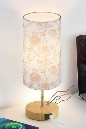 Bedside Touch Lamp, Wood Small Table lamp with 2 USB Charging Ports & Flower Fabric Shade, 3-Way Dimmable Nightstand Lamps for Living Room Bedroom Office Reading Desk Home Dorm Pink