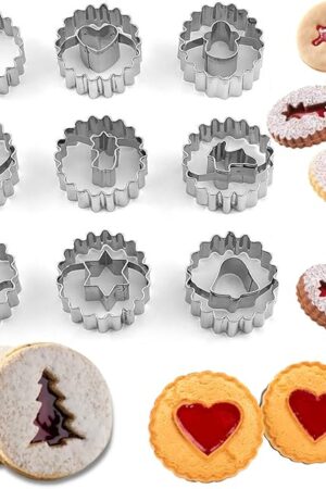 Crethinkaty 9 Pcs Mini Linzer Cookie Cutters Set, Stainless Steel - Christmas Tree, Gingerbread Man, Snowman, Elk for Winter Holiday Baking