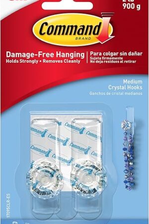 Command Medium Crystal Hook, 2 Wall Hooks with 3 Command Strips