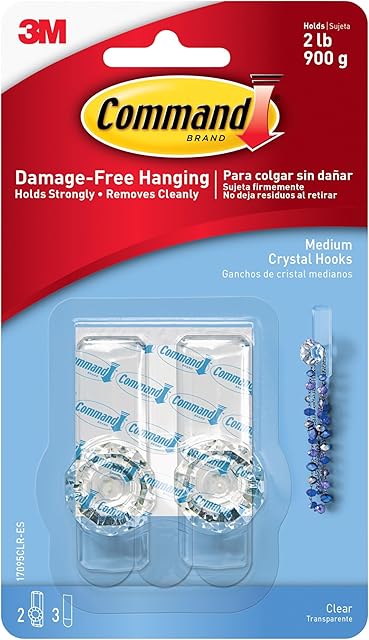 Command Medium Crystal Hook, 2 Wall Hooks with 3 Command Strips