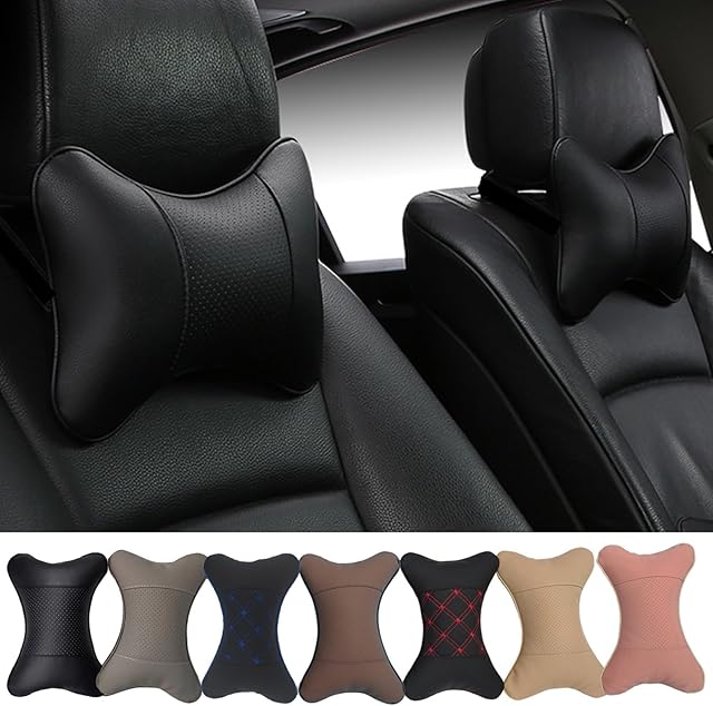 Car Neck Pillows Both Side Pu Leather 2pieces Pack Headrest Fit for Most Cars Filled Fiber Universal Car Pillow (Black)