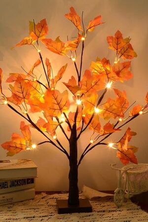 Artificial Fall Lighted Maple Tree 24 LED Thanksgiving Decorations Table Lights Battery Operated for Wedding Party Gifts Indoor Outdoor Autumn Harvest Home Decor