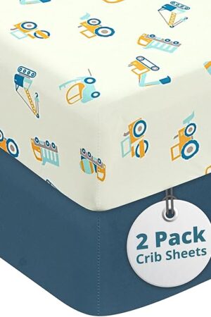 Crib Sheets for Boys - Super Soft & Breathable Toddler Sheets, Portable Crib Fitted Sheet for Boys, 4 Way Stretch Knitted Fitted Crib Sheet, Baby Bedding, 2 Pack - Car & Estate Blue