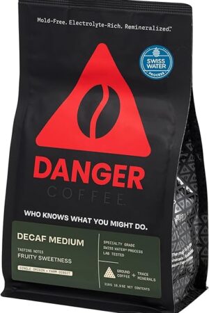 Danger Coffee by Dave Asprey, Remineralized, Mold Free & Lab Tested Swiss Water Decaf Ground Coffee, Medium Roast, Decaffeinated 10.9 Ounce