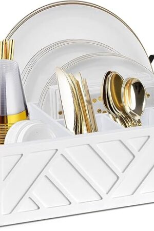 Wood Paper Plate Dispenser Cutlery Flatware Organizer Box for Kitchen Counter White