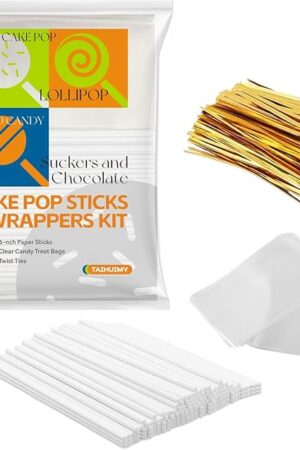 300Pcs 6inch Lollipop Sticks, Cake Pops, Candies, Chocolates and Cookies Bag Set Including 100 Parcel Bags, 100 Papery Treat Sticks, 100 Colorful Metallic Twist Ties (Gold)
