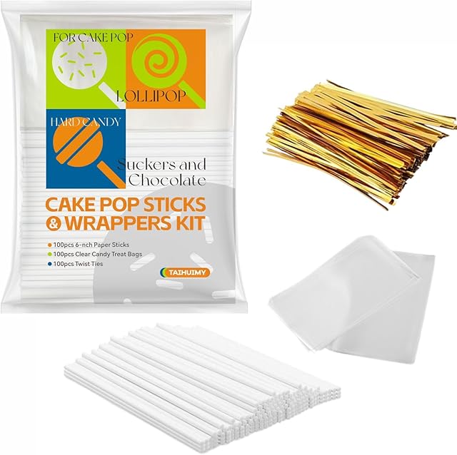 300Pcs 6inch Lollipop Sticks, Cake Pops, Candies, Chocolates and Cookies Bag Set Including 100 Parcel Bags, 100 Papery Treat Sticks, 100 Colorful Metallic Twist Ties (Gold)