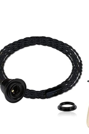 DIY 15ft Plug in Black Pendant Light Cord Farmhouse Vintage Ceiling Hanging Fabric Lamp Cord Kit Twisted Hemp Rope Switch E26 Socket Set Lighting Cable for Kitchen Living Room Corner