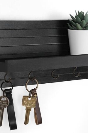 Decorative Key Holder for Wall with Shelf, Entryway Shelf with Hooks Holds Leashes, Jackets and Glasses – Sturdy Wood Keyholder Entrance Hanger with Mounting Hardware (Black)