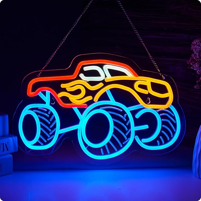 Monster Truck Neon Sign for Wall Decor Teen Room Decor Gifts for Birthday Kids Boys Room Playroom Decor(16 x10.2 in)
