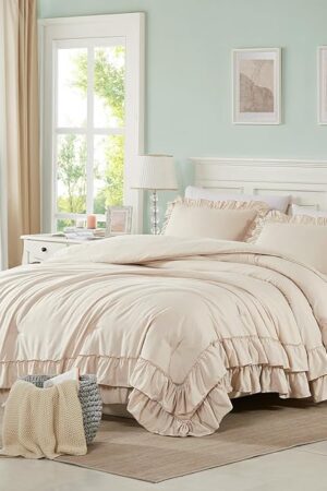 Cupocupa Beige Queen Comforter Set, 3Pcs Comforters Ruffle Farmhouse Bedding Sets Queen with Comforter, Lightweight Soft Shabby Chic Bedding Comforter Set Fluffy for All Season