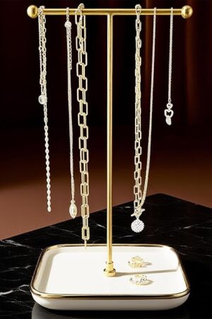 VROOMIUM Necklace Holder- Ceramic Base 1ft Height Jewelry Organizer Stand, Aesthetic Jewelry Hanger Display for Necklaces, Bracelets, Rings, Exhibidor de Collares-Classic White