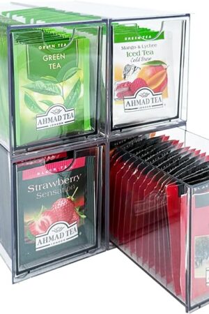 4-Pack Tea Bag Drawers Organizer - 4 Clear Plastic Drawer Tea Bag Holder; Stackable & Portable; Wider Size; Well-Organized Storage for Tea Bags & Kitchen Essentials