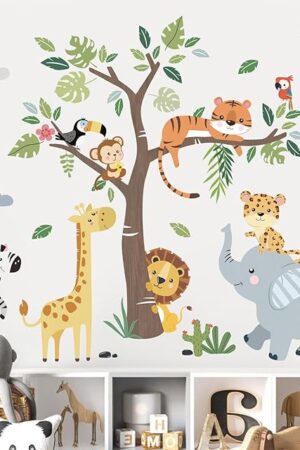 decalmile Jungle Animals Tree Wall Decals Elephant Giraffe Lion Safari Wall Stickers Baby Nursery Kids Bedroom Living Room Wall Decor
