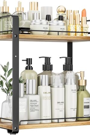 Delamu 2-Tier Bathroom Counter Organizer, Wood Vanity Organizer Countertop for Skincare & Makeup, Multi-Purpose Vanity Bathroom Shelf for Coffee Station Kitchen Storage and Organization