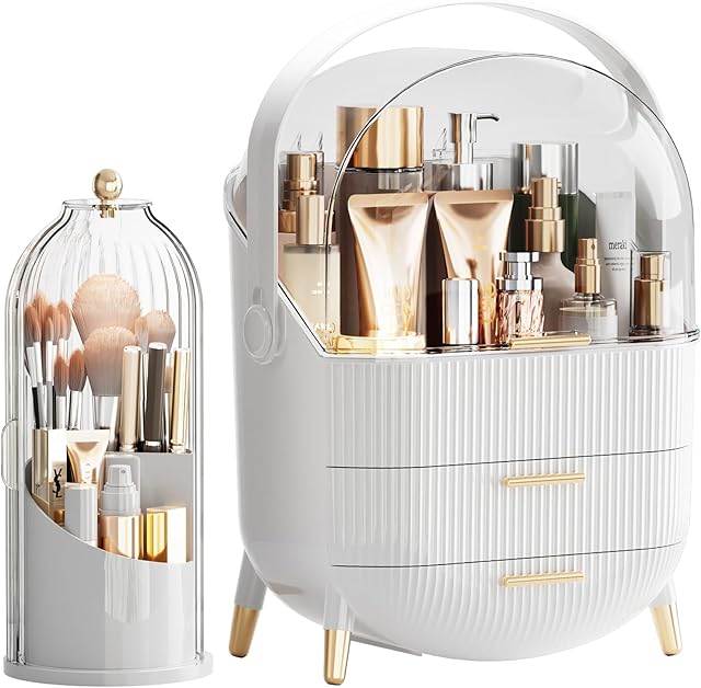 Makeup Organizers Countertop, Makeup organization for Vanity, Cosmetic Storage with Lid and Drawers, Skincare Display Cases with for Desktop, Bathroom (White)