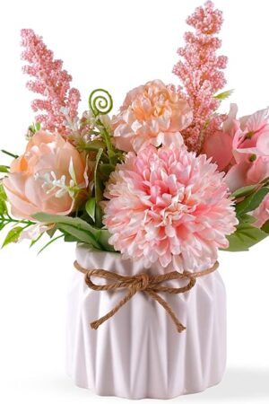 Artificial Potted Flowers Pink, Small Ceramic Vase Fake Flower Plants Desktop Decoration Indoor for Home and Office, Faux Flowers Hydrangea Decora for Table,Bookshelf,Bedroom,Living Room,Party.(Pink)