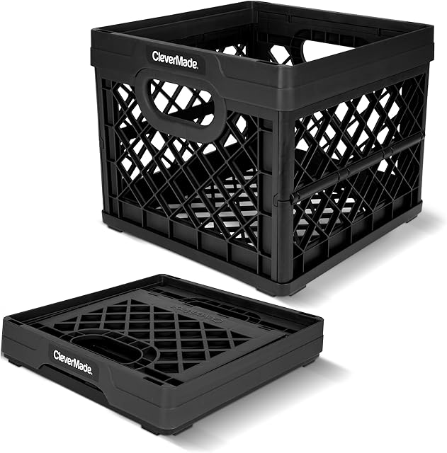 CleverMade Collapsible Milk Crate, Obsidian, 1PK - 25L (6 Gal) Stackable Storage Bins, Holds 50lbs Per Bin - Clevercrates are Heavy Duty, Plastic Collapsible Storage Crate for Multi Purposes