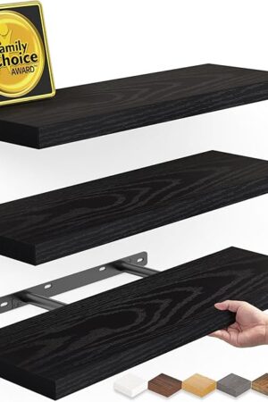 BAYKA Floating Shelves for Wall, Wall Mounted Rustic Wood Shelves for Bathroom, Bedroom, Living Room, Kitchen, Hanging Shelf for Books/Storage/Room Decor with 22lbs Capacity (Black, Set of 3, 15.7in)