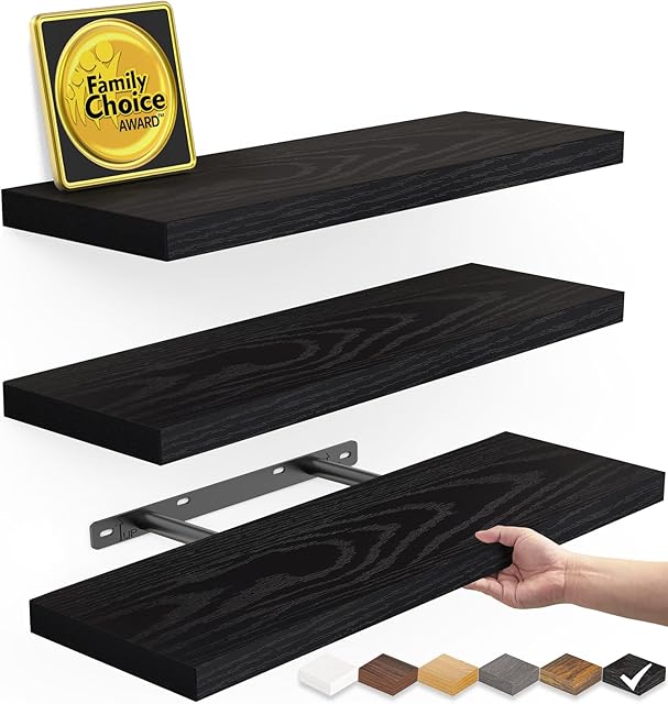 BAYKA Floating Shelves for Wall, Wall Mounted Rustic Wood Shelves for Bathroom, Bedroom, Living Room, Kitchen, Hanging Shelf for Books/Storage/Room Decor with 22lbs Capacity (Black, Set of 3, 15.7in)