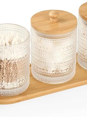 3 Pack Qtip Holder - Bathroom Organizers and Storage, Cotton Round Pad Holder Floss Pick Cotton Ball Holder with Tray, Glass Apothecary Jars with Lids, -clear y D