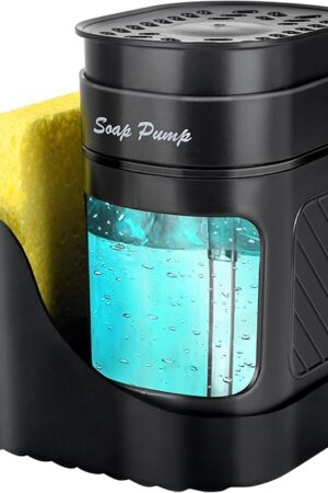 3-in-1 Dish Soap Dispenser with Sponge Holder for Kitchen Sink(Includes One Sponge), Kitchen Soap Dispenser Set - Black