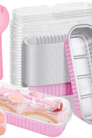 25Pack Pink Mini Cake Pans with Lids Mini Loaf Pans and Spoons and Stickers, 6.8Oz Aluminum Foil Pans Tins, Individual Dessert Cups Containers for Sales,Party,Picnics